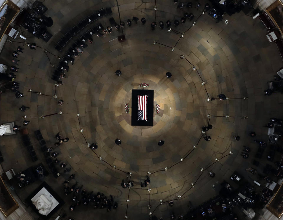 <p>The late Sen. John McCain, R-Ariz., lies in state in the U.S. Capitol Rotunda Friday, Aug. 31, 2018, in Washington. (Photo: Morry Gash/Pool via AP) </p>