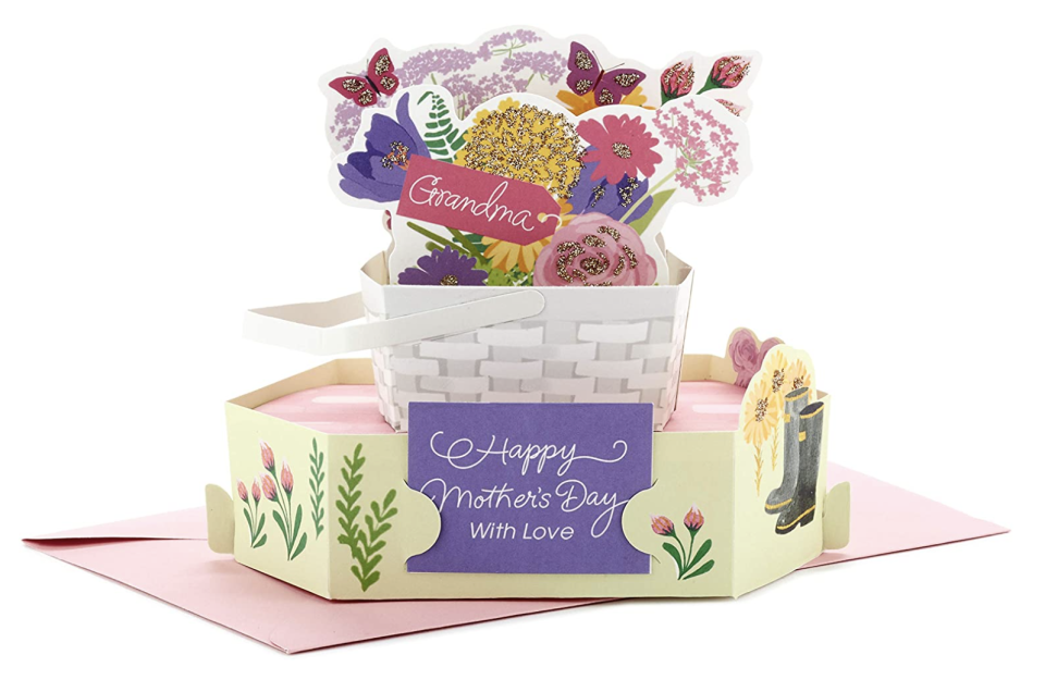 Hallmark Pop Up Mothers Day Card for Grandma with paper flowers in white paper basket (Photo via Amazon)