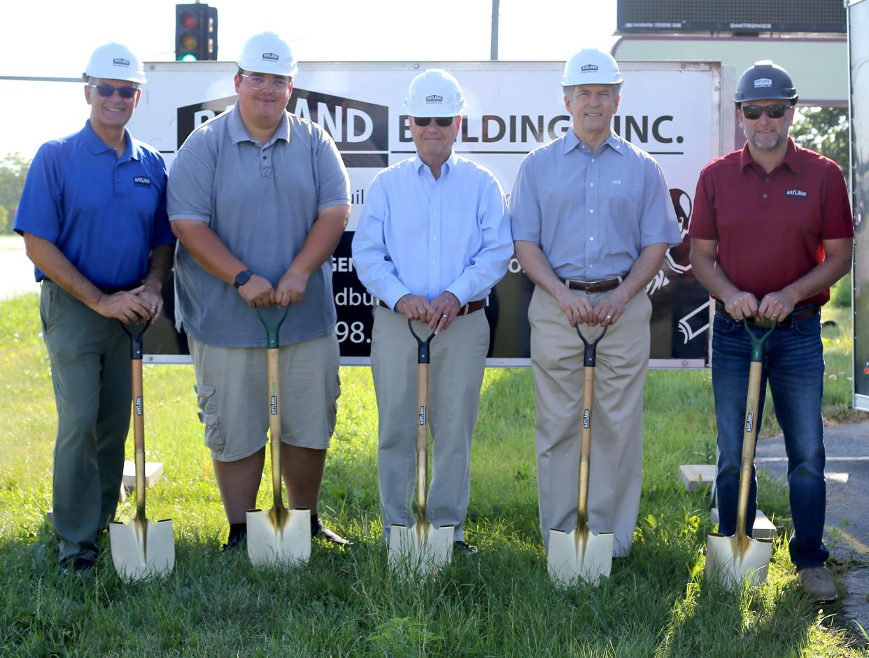 A groundbreaking for The Shoppes at Sturgeon Bay, which will include Door County's first standalone Starbucks coffee shop, an AT&T store and a Door County Medical Center express clinic, is held Wednesday. Pictured from left, are Dave Phillips, Bayland Buildings sales executive; J. Spencer Gustafson, District 4 Sturgeon Bay Common Council member; Sturgeon Bay Mayor David Ward; Richard Robinson of First & Main Properties, developer and one of the partners in the project; and Shawn Mueller, Bayland Buildings vice president of customer acquisitions. The development is expected to open in spring 2023.