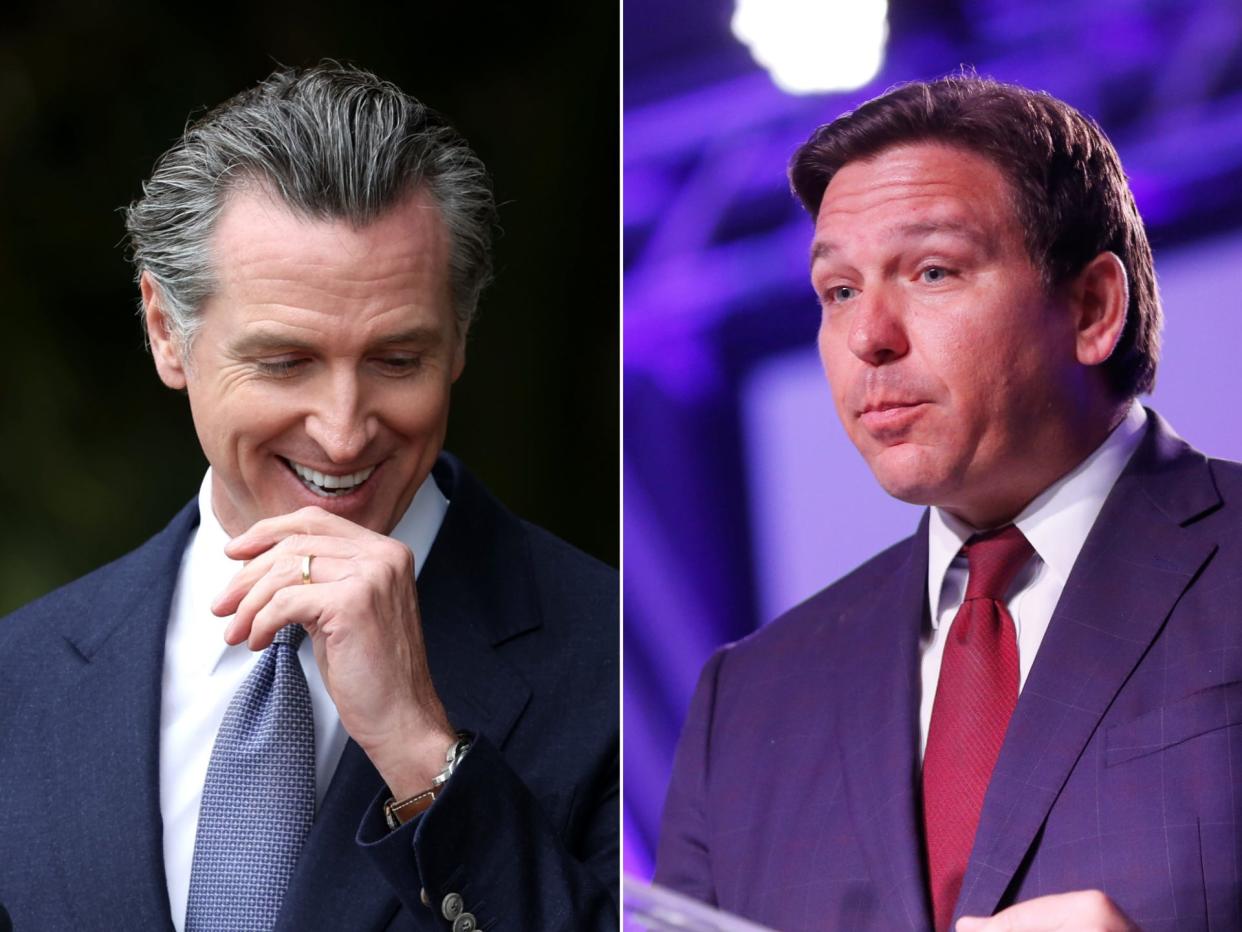 California Gov. Gavin Newsom speaks during a news conference, Florida Governor Ron DeSantis speaks during the inaugural Moms For Liberty Summit.