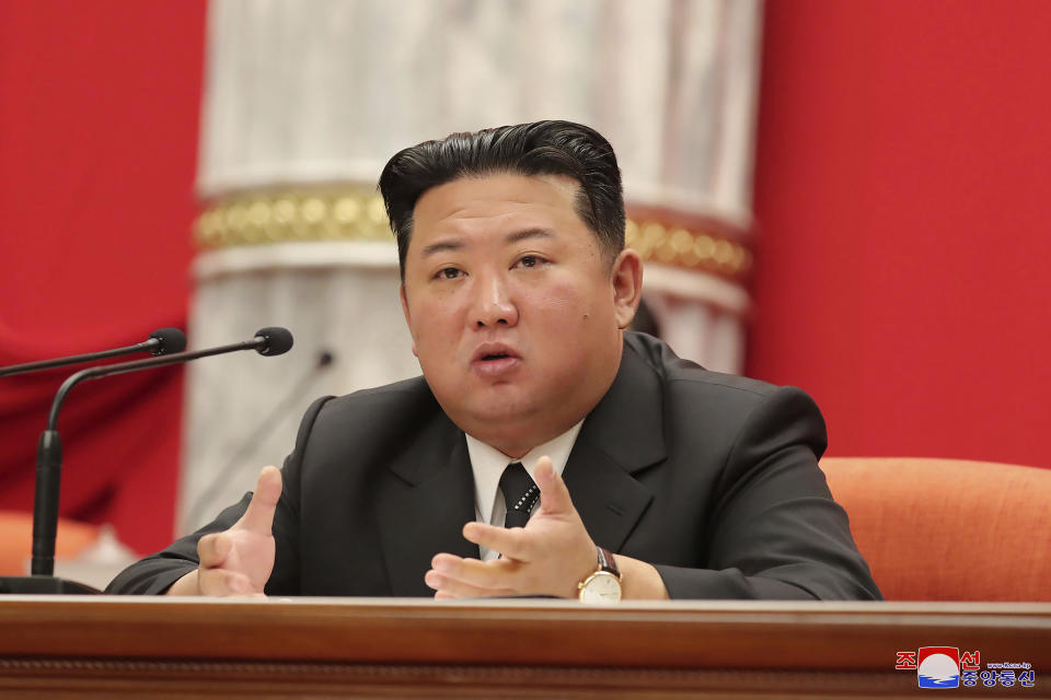 In this photo provided on Saturday, June 11, 2022 by the North Korean government, North Korean leader Kim Jong Un attends a plenary meeting of the ruling Workers’ Party’s Central Committee held during June 8 - June 10, 2022 in Pyongyang, North Korea. Independent journalists were not given access to cover the event depicted in this image distributed by the North Korean government. The content of this image is as provided and cannot be independently verified. Korean language watermark on image as provided by source reads: "KCNA" which is the abbreviation for Korean Central News Agency. (Korean Central News Agency/Korea News Service via AP)