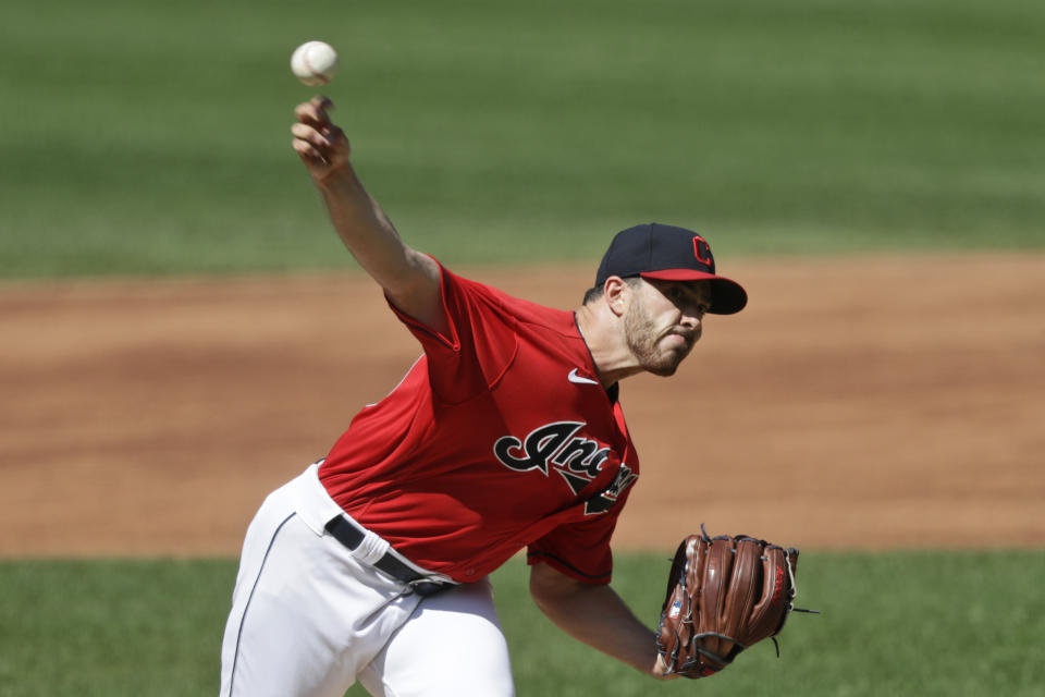 Cleveland Indians pitcher Aaron Civale delivers in the first inning in the first baseball game of a doubleheader against the Chicago White Sox, Tuesday, July 28, 2020, in Cleveland. (AP Photo/Tony Dejak)