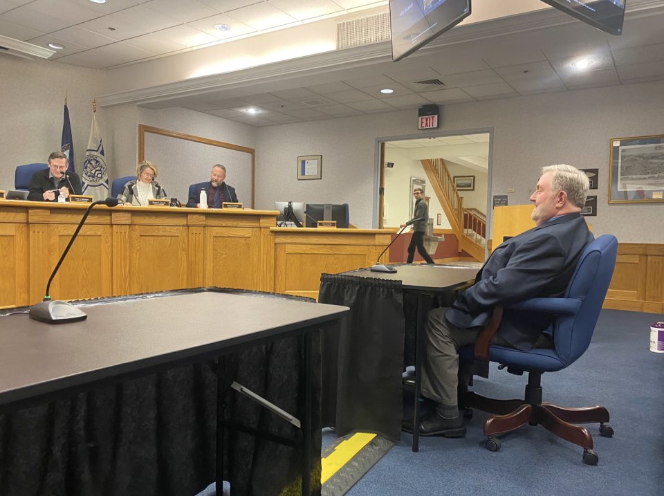 Terry Holmes speaks to the city council on Feb. 2, 2023, as one of five finalists for the vacant seat. Holmes says he seeks the role as an interim, to help council manage things smoothly until the November election.