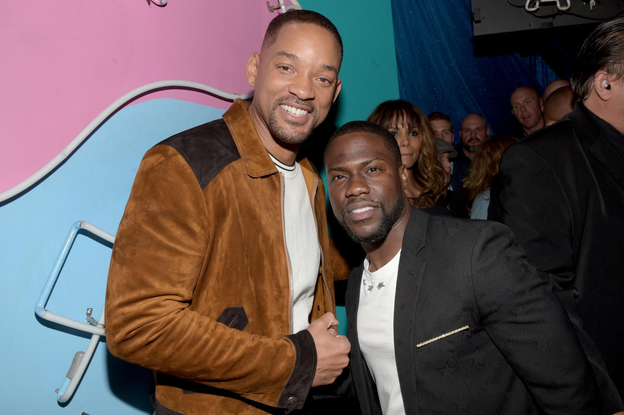 BURBANK, CALIFORNIA - APRIL 09:  (EXCLUSIVE ACCESS, SPECIAL RATES APPLY) MTV Generation Award Honoree Will Smith (L) and host Kevin Hart pose backstage at the 2016 MTV Movie Awards at Warner Bros. Studios on April 9, 2016 in Burbank, California.  MTV Movie Awards airs April 10, 2016 at 8pm ET/PT.  (Photo by Jason Kempin/MTV1415/Getty Images for MTV)