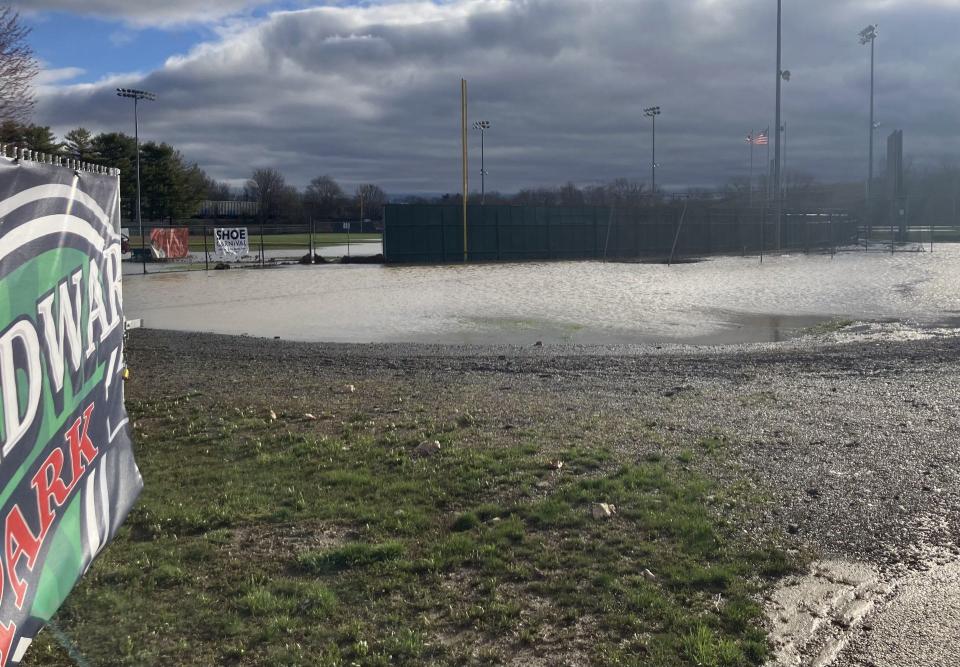 The Don Edwards Park baseball fields in Newark were flooded from the Tuesday storms.