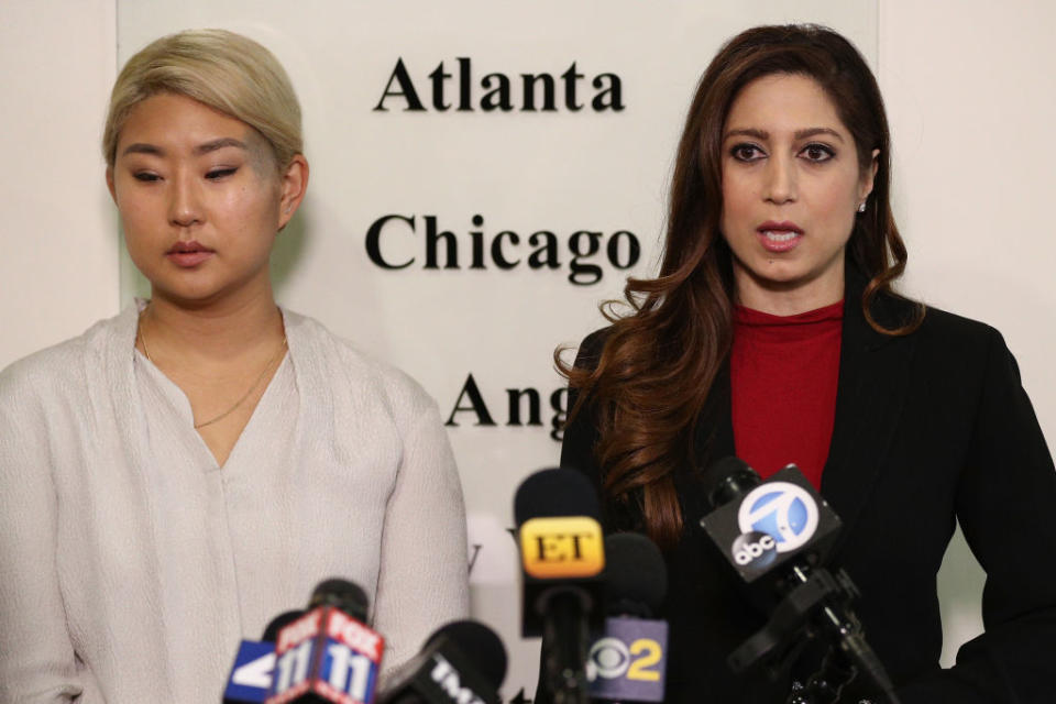 Attorney Anahita Sedaghatfar, right, and client Youngjoo Hwang announce a lawsuit against actor Fred Savage and the Fox TV network on Wednesday in L.A. (Photo: Frederick M. Brown/Getty Images)