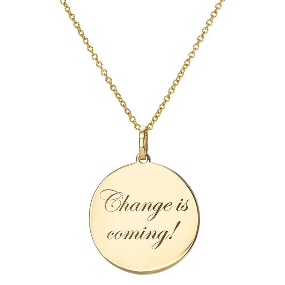 <p><strong>Dru Jewelry</strong></p><p>drujewelry.com</p><p><strong>$1455.00</strong></p><p><a href="https://drujewelry.com/products/change-is-here-medallion" rel="nofollow noopener" target="_blank" data-ylk="slk:Shop Now;elm:context_link;itc:0;sec:content-canvas" class="link ">Shop Now</a></p><p>Enact change in 14k gold. Portions of the sales of this necklace will be donated to the ACLU and their work to end voter suppression and advocate for policies that make it easier for Americans to vote. </p>