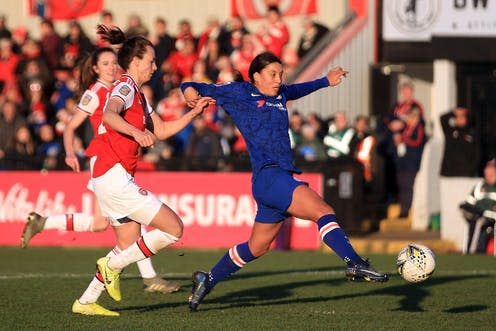 <span class="caption">Chelsea Women's Sam Kerr takes a shot at goal during an FA Women's Superleague match against Arsenal Women.</span> <span class="attribution"><a class="link " href="https://www.alamy.com/borehamwood-uk-19th-jan-2020-sam-kerr-of-chelsea-women-r-takes-a-shot-at-goal-barclays-fa-womens-superleague-arsenal-women-v-chelsea-women-at-meadow-park-in-borehamwood-herts-on-sunday-19th-january-2020-this-image-may-only-be-used-for-editorial-purposes-editorial-use-only-license-required-for-commercial-use-no-use-in-betting-games-or-a-single-clubleagueplayer-publications-pic-by-steffan-bowenandrew-orchard-sports-photographyalamy-live-news-credit-andrew-orchard-sports-photographyalamy-live-news-image340453583.html?pv=1&stamp=2&imageid=8D312EFD-573E-4925-B892-7B1F2ED4112D&p=648625&n=0&orientation=0&pn=1&searchtype=0&IsFromSearch=1&srch=foo%3dbar%26st%3d0%26pn%3d1%26ps%3d100%26sortby%3d2%26resultview%3dsortbyPopular%26npgs%3d0%26qt%3dchelsea%2520women%2520football%2520Sam%2520Kerr%26qt_raw%3dchelsea%2520women%2520football%2520Sam%2520Kerr%26lic%3d3%26mr%3d0%26pr%3d0%26ot%3d0%26creative%3d%26ag%3d0%26hc%3d0%26pc%3d%26blackwhite%3d%26cutout%3d%26tbar%3d1%26et%3d0x000000000000000000000%26vp%3d0%26loc%3d0%26imgt%3d0%26dtfr%3d%26dtto%3d%26size%3d0xFF%26archive%3d1%26groupid%3d%26pseudoid%3d%26a%3d%26cdid%3d%26cdsrt%3d%26name%3d%26qn%3d%26apalib%3d%26apalic%3d%26lightbox%3d%26gname%3d%26gtype%3d%26xstx%3d0%26simid%3d%26saveQry%3d%26editorial%3d%26nu%3d%26t%3d%26edoptin%3d%26customgeoip%3dGB%26cap%3d1%26cbstore%3d1%26vd%3d0%26lb%3d%26fi%3d2%26edrf%3d0%26ispremium%3d1%26flip%3d0%26pl%3d" rel="nofollow noopener" target="_blank" data-ylk="slk:Andrew Orchard sports photography/Alamy;elm:context_link;itc:0;sec:content-canvas">Andrew Orchard sports photography/Alamy</a></span>