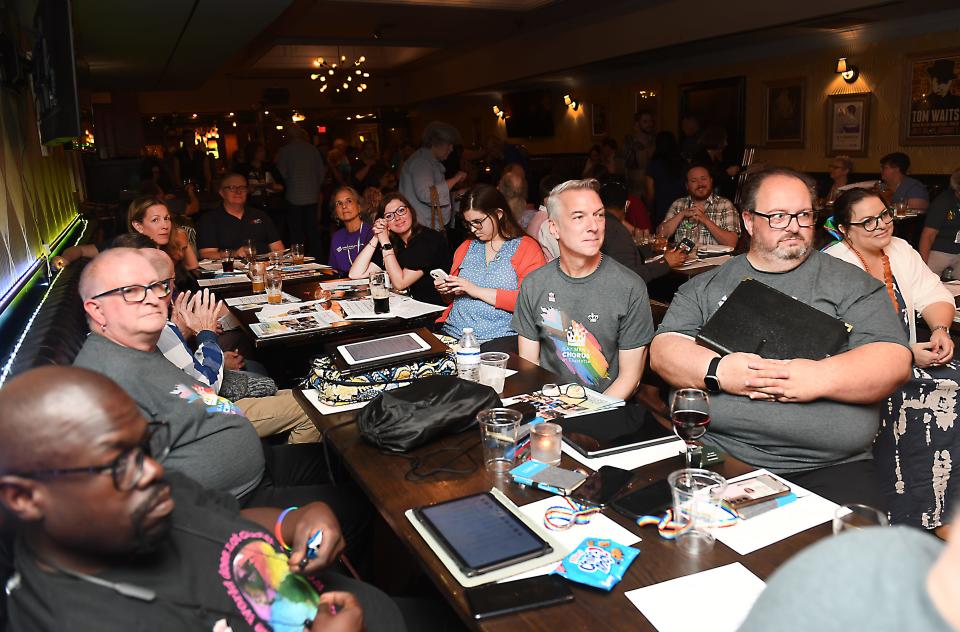 Reconciling Ministries Network, a group that advocates for LGBTQ+ inclusion in the United Methodist Church, hosts a celebration event as part of the UMC General Conference in Charlotte. Members of the small ensembles of the Gay Men's Chorus and others at the Rí Rá Irish Pub on Sunday, April 28, 2024.