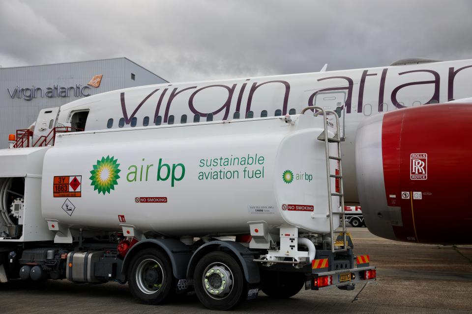 Flight100, Virgin Atlantic's world first 100% Sustainable Aviation Fuel (SAF) transatlantic flight by a commercial airline is fueled ahead of its take off from London Heathrow to New York JFK on Tuesday 28 November 2023.