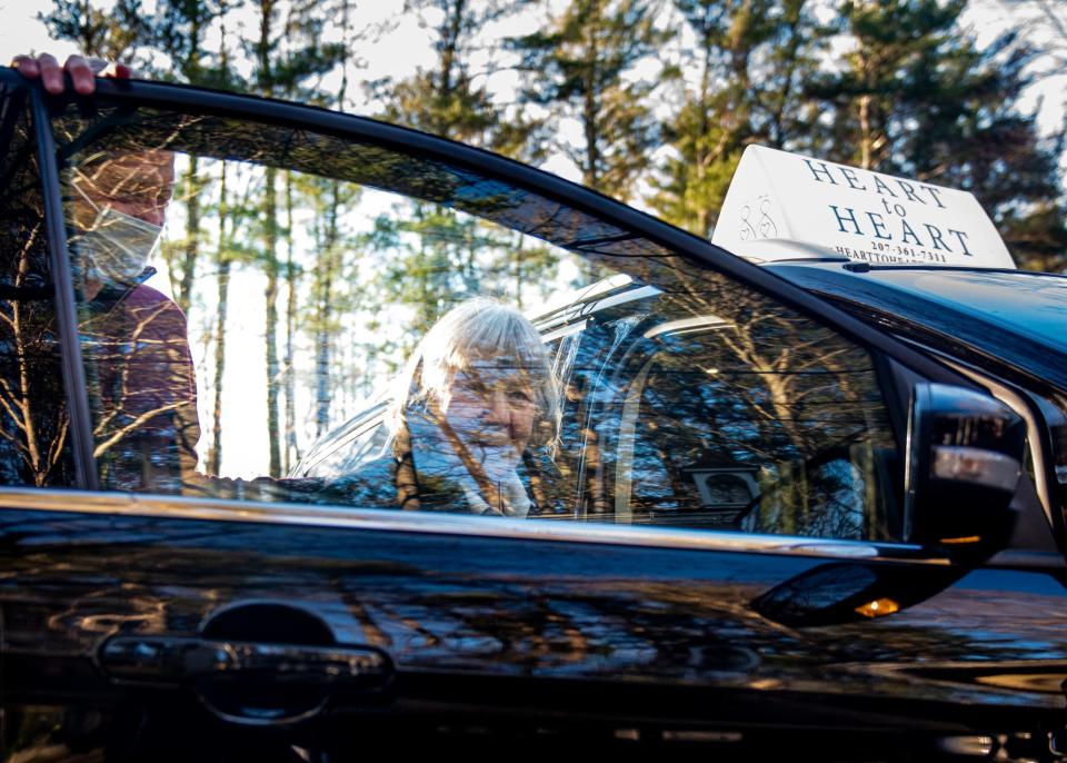 Ursula Perkins gets picked up for a doctor's appointment by  former York Hospital CEO Jud Knox from Heart to Heart, a new organization  founded by Knox that provides free services to the elderly, Tuesday, Nov. 23, 2021 in York, Maine. As demand for services continue to rise, Knox said the organization is in need of more volunteers.