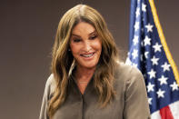 FILE — In this July 9, 2021 file photo realty tv personality Caitlyn Jenner, a Republican candidate for California governor, speaks during a news conference in Sacramento, Calif. Four of the high-profile Republican candidates, who are seeking to replace Gov. Gavin Newsom in next months recall election, are heading into their first televised debate, to be held Wednesday, Aug. 4, 2021. Jenner and Conservative talk radio host Larry Elder will not attend the debate. (AP Photo/Noah Berger, File)