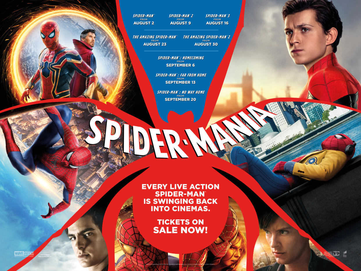 Spider-Man movie poster featuring Tom Holland, Andrew Garfield and Tobey Maguire