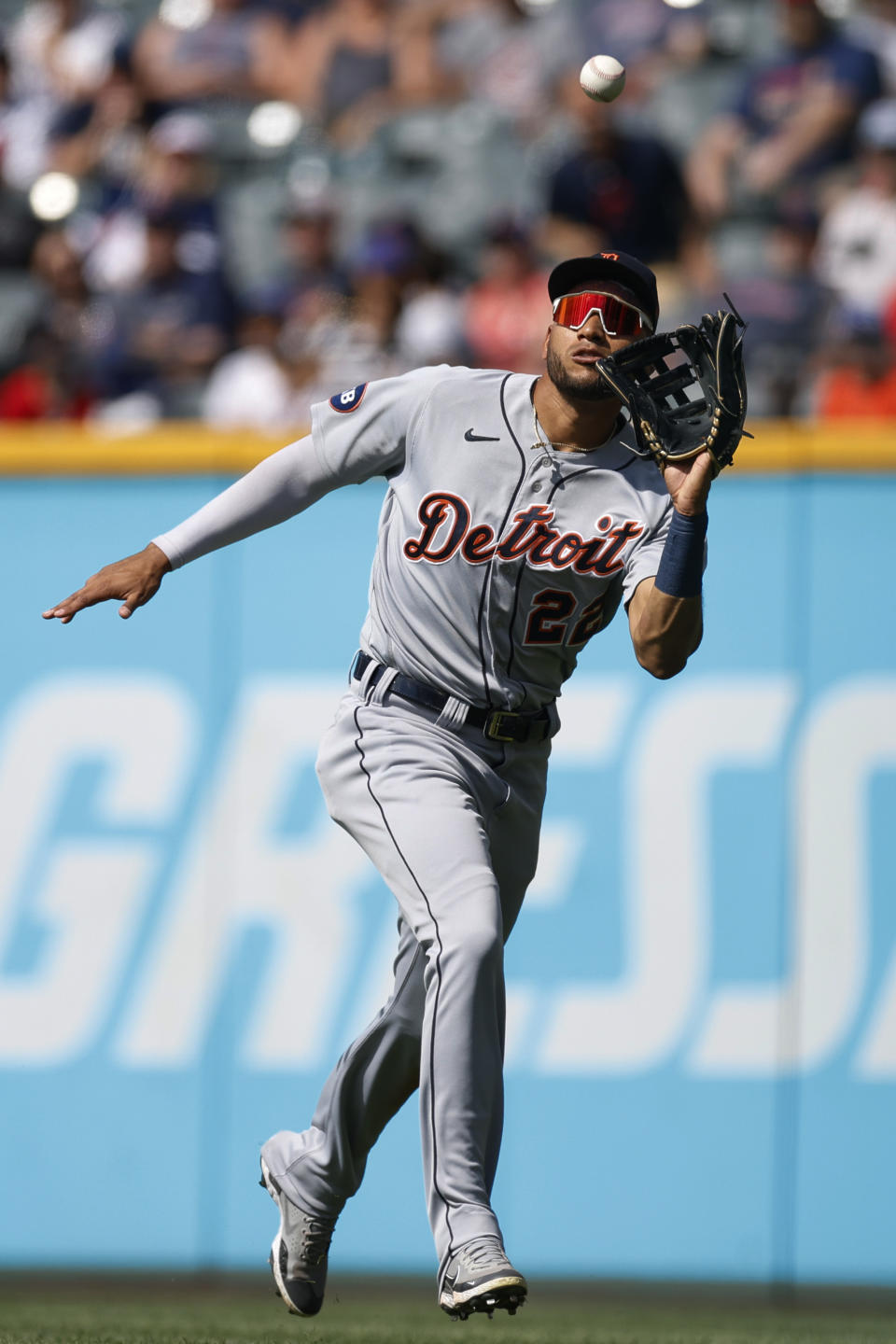 Detroit Tigers right fielder Victor Reyes makes a running catch for the out on Cleveland Guardians' Amed Rosario during the third inning in the first baseball game of a doubleheader, Monday, Aug. 15, 2022, in Cleveland. (AP Photo/Ron Schwane)