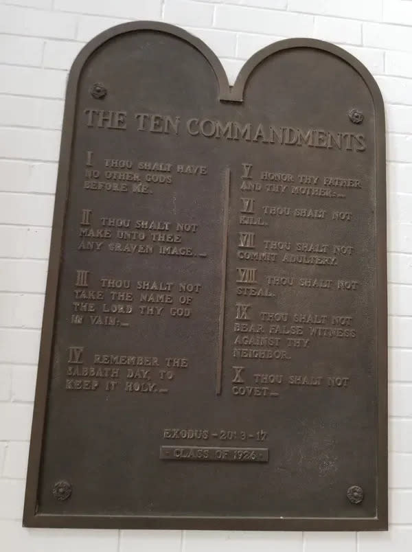 The Ten Commandments plaque.