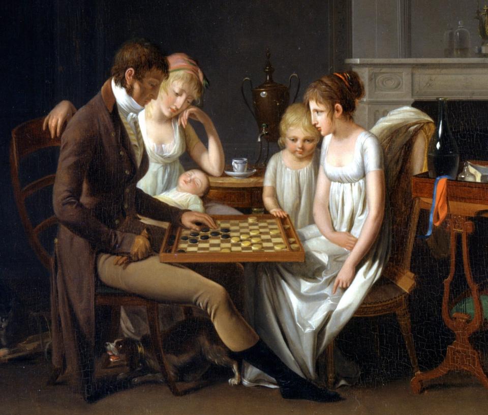 an 1803 painting of a family playing checkers by French artist Louis-Léopold Boilly