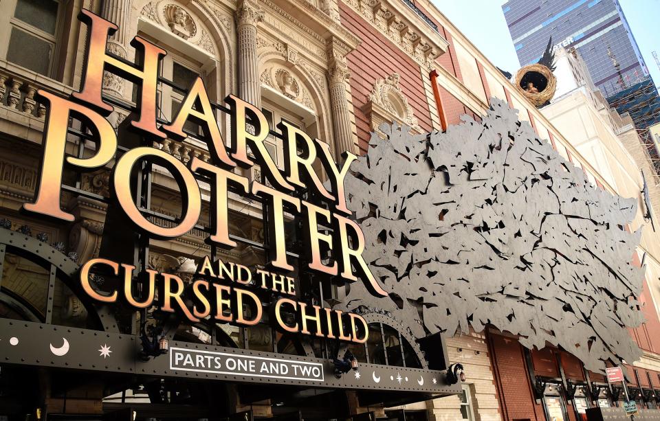 A sign for "Harry Potter and the Cursed Child" hangs at the Broadway opening at the Lyric Theatre on Sunday, April 22, 2018, in New York.