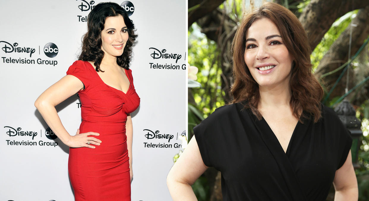 Nigella Lawson, pictured left, at an event in 2013, and right, earlier this year, has spoken out against airbrushing. [Photo: Getty]y