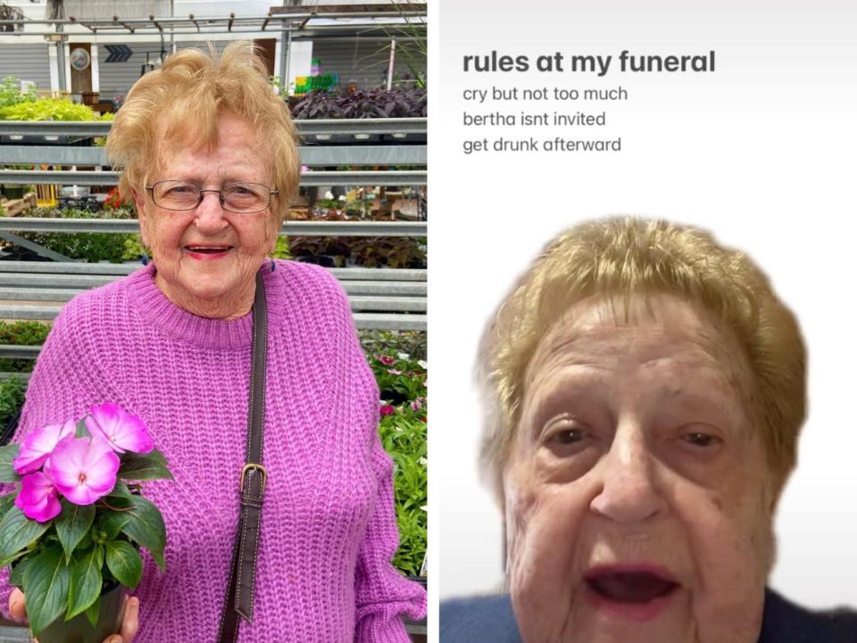 A picture of Lilian Droniak holding a flower pot, another picture of Lilian Droniak doing a peace sign, and a screenshot from Lillian Droniak's TikTok.