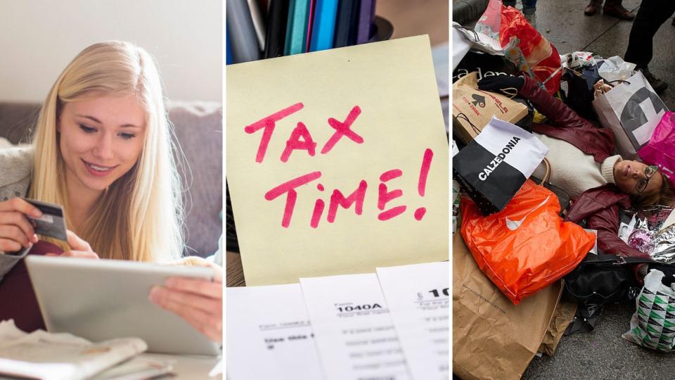 Woman using her credit card, Post-It note that says "tax time" and a woman collapsed with shopping bags.