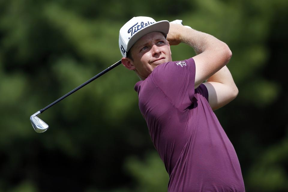 Cameron Smith tees off on the third hole during the final round of the Dell Technologies Championship golf tournament at TPC Boston in Norton, Mass., Monday, Sept. 3, 2018. (AP Photo/Michael Dwyer)