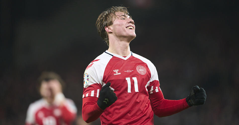 Rasmus Hojlund of Denmark celebrates after scoring their third goal during the UEFA EURO 2024 qualifier match between Denmark and Finland at Parken on March 23, 2023 in Copenhagen, Denmark.