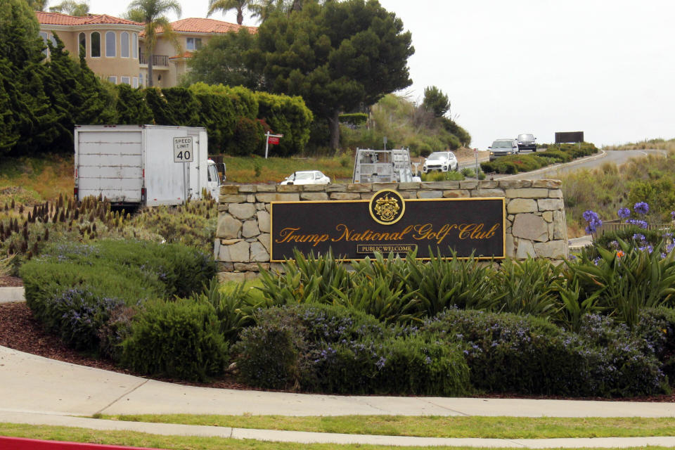 FILE - The entrance to Trump National Golf Club Los Angeles, in Rancho Palos Verdes, Calif., is seen in this photo, July 2, 2020. (AP Photo/John Antczak, File)