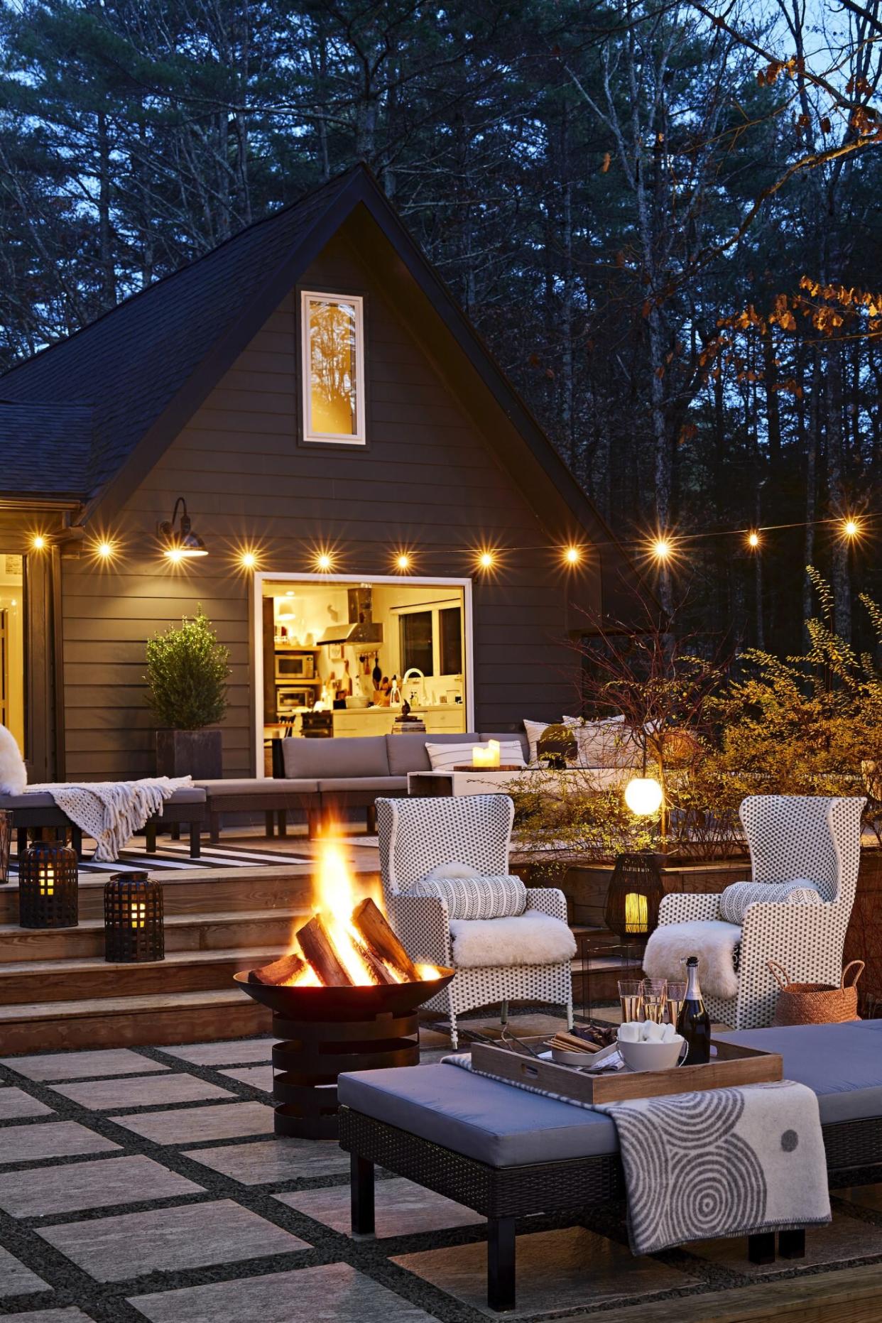 Space of the Month Feb 2021, Deck Decor with Lights and Firepit