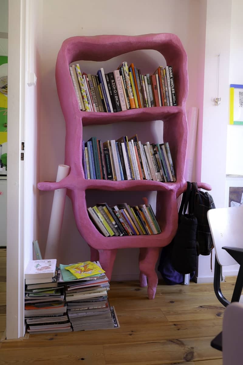 hot pink wavy bookshelf full of books