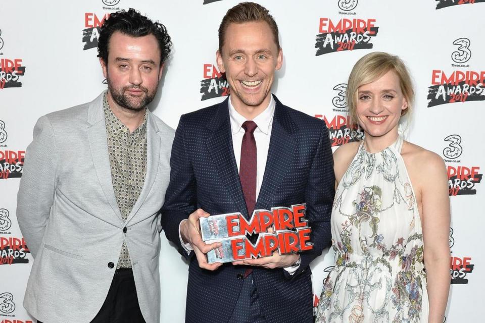 Tom Hiddleston in the winners room with presenters Daniel Mays and Anne-Marie Duff (Jeff Spicer/Getty)