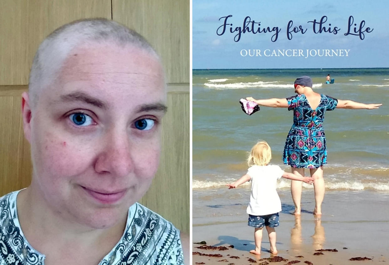 Helga Peeters while she was going through treatment and the family's book about her cancer journey. (SWNS)
