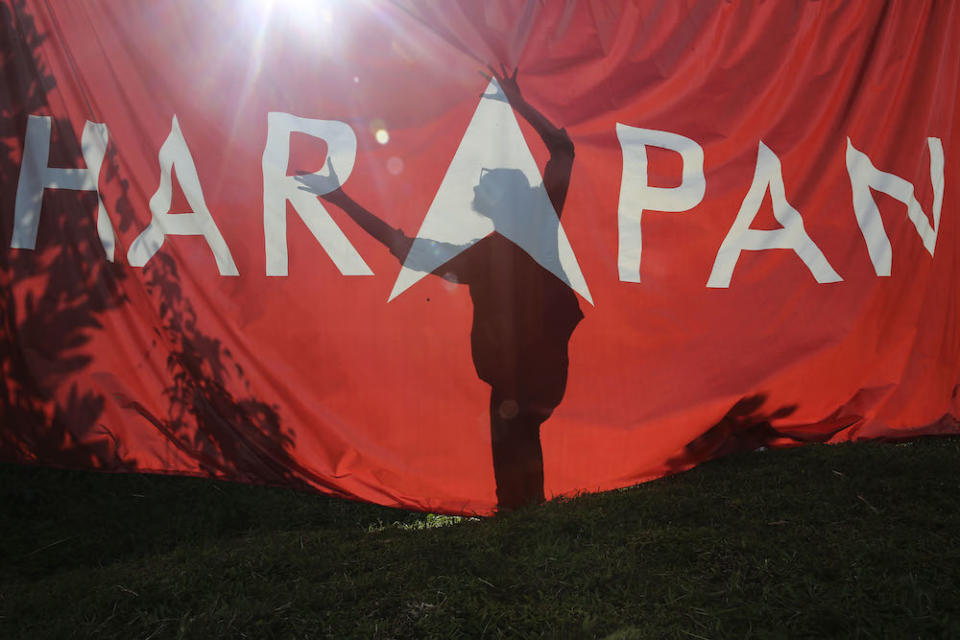 The shadow of a campaign worker is seen against a Pakatan Harapan flag at Pasir Panjang in Port Dickson October 11, 2018. — Picture by Yusof Mat Isa