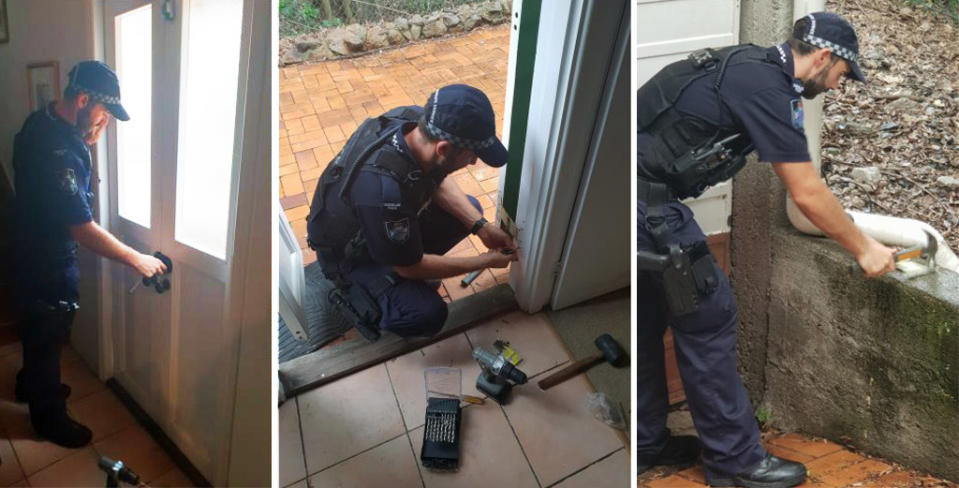 Constable Boswell used his carpentry skills from his previous life as a tradie to help repair the widow's door in South Brisbane. Images: Queensland Police