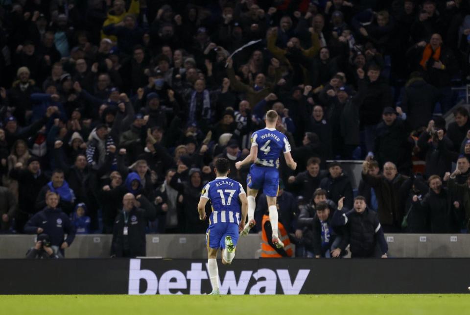 Adam Webster led the celebrations after his goal earned a draw against Chelsea (Steve Paston/PA) (PA Wire)