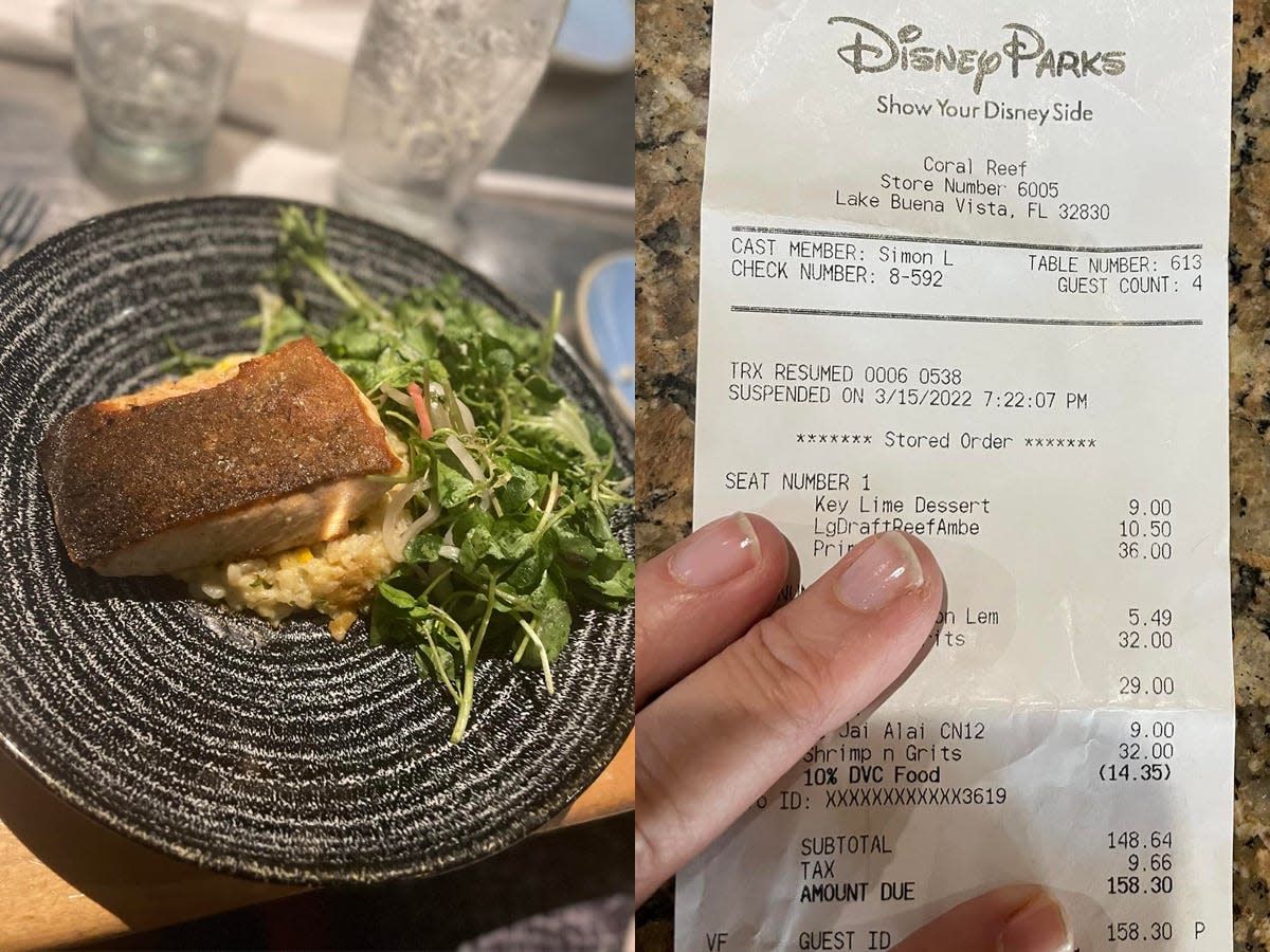 plate of salmon and receipt from coral reef restaurant epcot