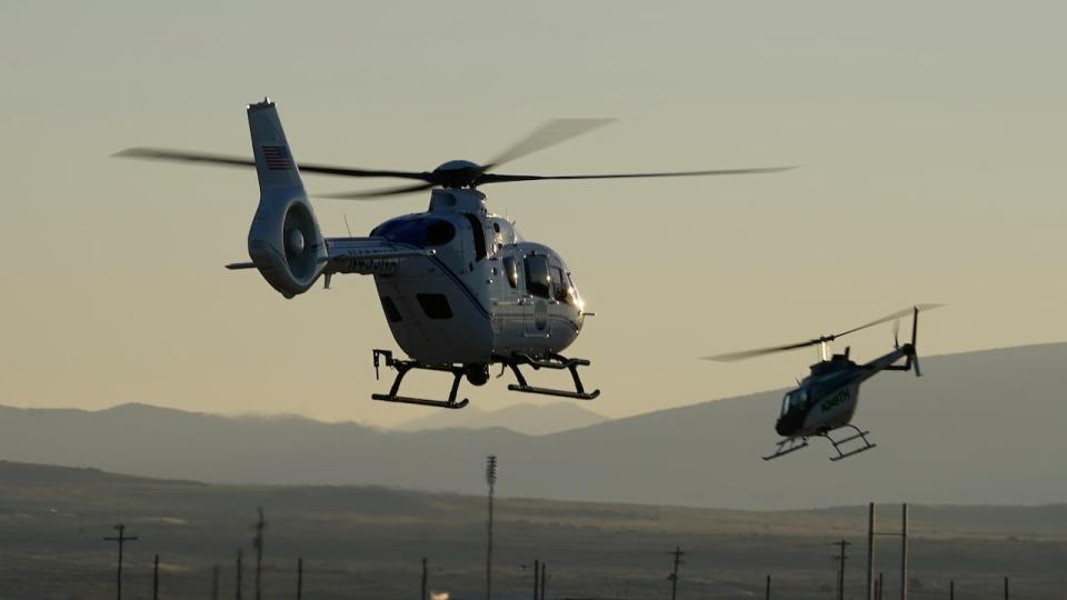 Helicopter recovery teams depart the Michael Army Air Field before the arrival of a space capsule carrying NASA's first asteroid samples on Sunday, Sept. 24. 