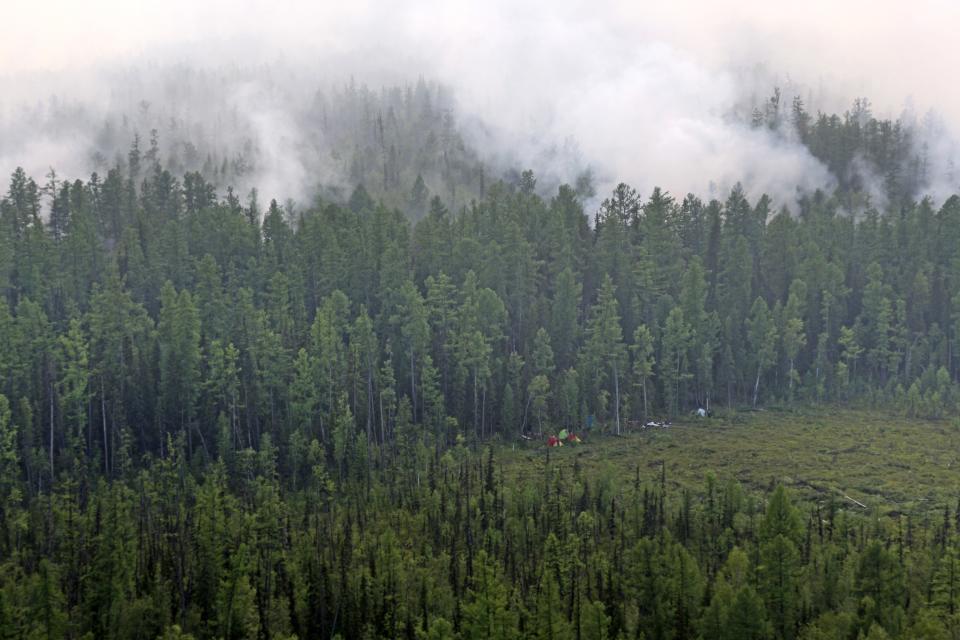 This photo taken on Monday, July 29, 2019 and provided by Russian Federal Agency of Forestry, shows an air view of a forest fire in the Boguchansky district of the Krasnoyarsk region, Russia Far East. Russian President Vladimir Putin has ordered Russia's military to join efforts to fight forest fires that have engulfed nearly 30,000 square kilometers (11,580 sq. miles) of territory in Siberia and the Russian Far East. (Russian Federal Agency of Forestry via AP)