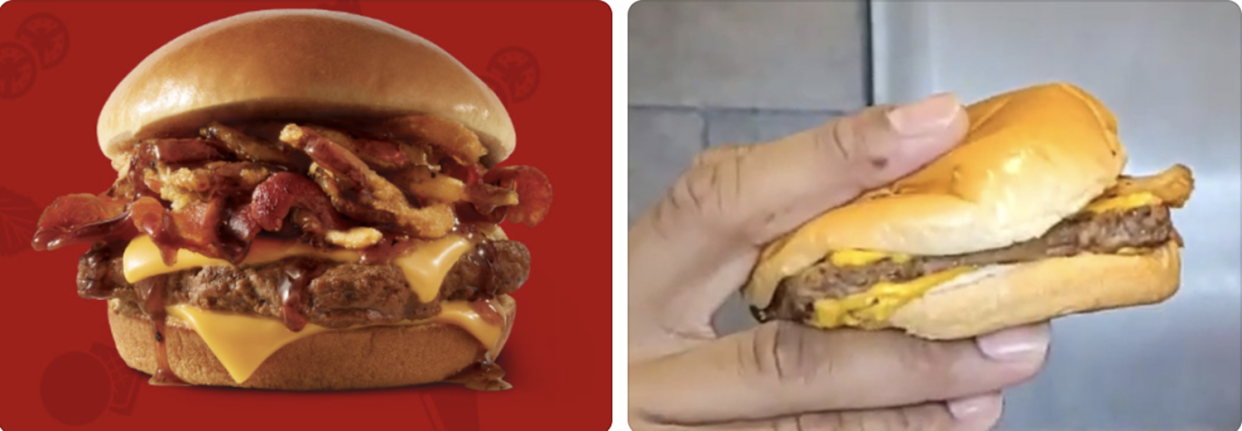 Wendy's bourbon bacon cheeseburger, advertised versus real life. Image: Complaint