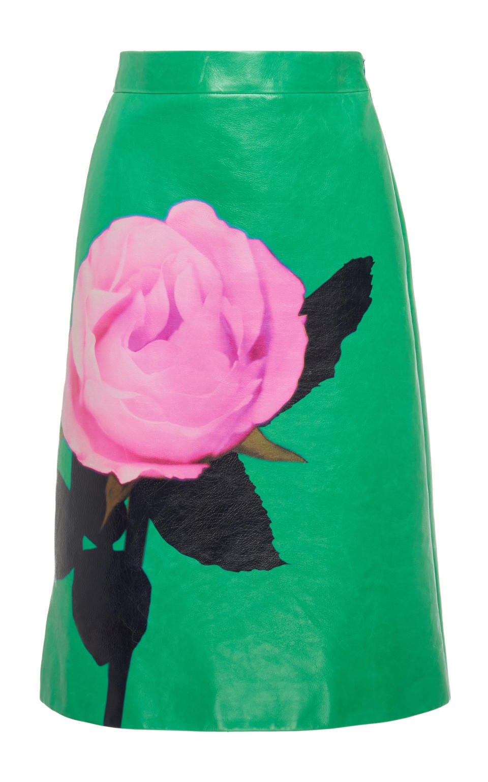 Floral-Print Leather Skirt