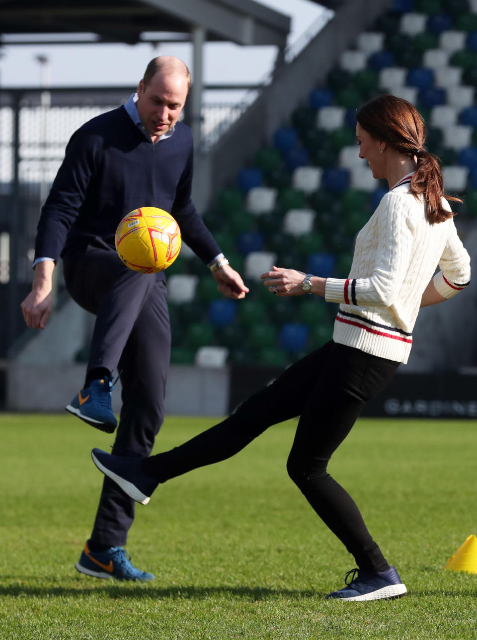 The Duke & Duchess of Cambridge visit the National Stadium Belfast, home of the Irish Football Association on February 27, 2019. They met groups and representatives from the Female Football Leaders, the Goals Programme, Education Programme, Stay Onside, PSNI, DoJ and Probation Service and members of Powerchair. (Photo: Kelvin Boyes/Press Eye/Getty Images)