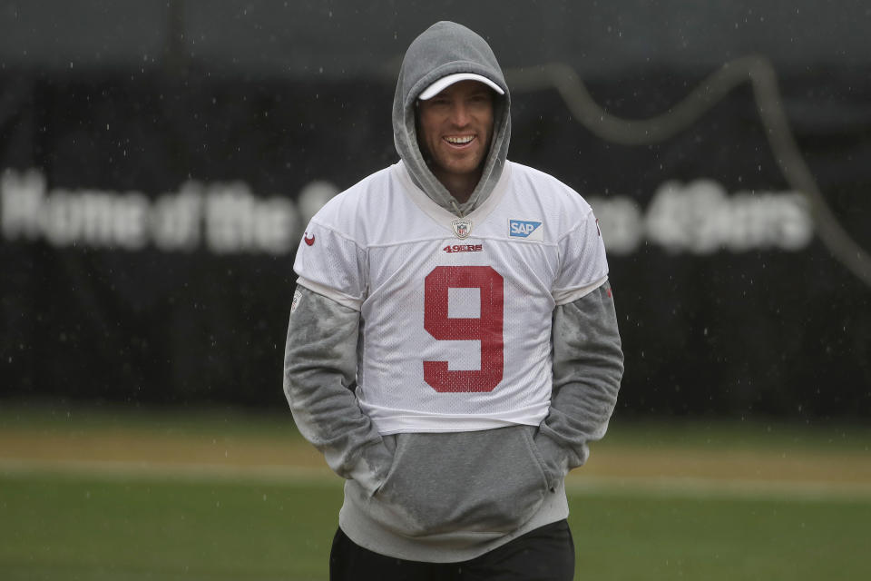 San Francisco 49ers kicker Robbie Gould (9) smiles during a practice at the team's NFL football training facility in Santa Clara, Calif., Thursday, Jan. 16, 2020. The 49ers are scheduled to host the Green Bay Packers in the NFC Championship game Sunday. (AP Photo/Jeff Chiu)