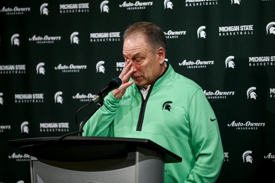 Michigan State's head coach Tom Izzo gets emotional talking about the shot that his son Steven Izzo made in the final seconds of the game against Rutgers on Sunday, Jan. 14, 2024, at the Breslin Center in East Lansing.