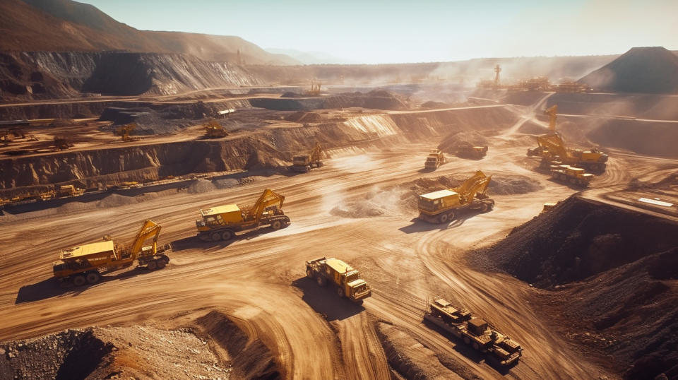 Aerial view of a large gold mine in South Africa with many excavators and trucks working.