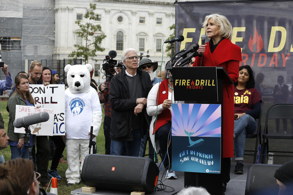 WASHINGTON, DC - OCTOBER 25: Actor Jane Fonda speaks during "Fire Drill Friday" Climate Change Protest on October 25, 2019 in Washington, DC .Protesters demand Immediate Action for a Green New Deal. Clean renewable energy by 2030, and no new exploration or drilling for Fossil Fuels.  (Photo by John Lamparski/Getty Images)