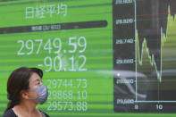 A woman walks by an electronic stock board of a securities firm in Tokyo, Wednesday, Sept. 22, 2021. Asian shares were mostly lower on Wednesday after major indexes ended mixed on Wall Street. (AP Photo/Koji Sasahara)
