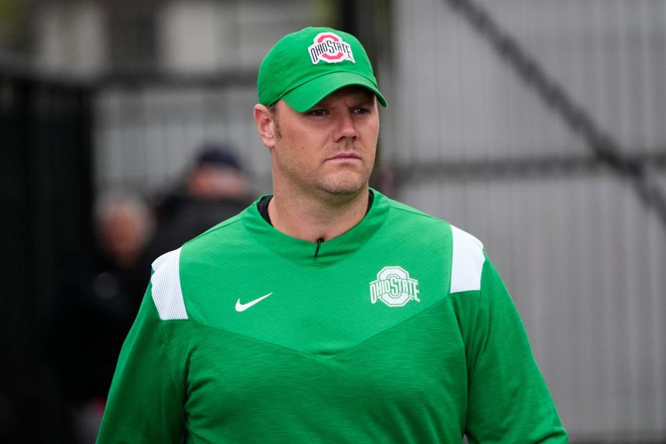 Nov 5, 2022; Evanston, Illinois, USA; Ohio State Buckeyes offensive line coach Justin Frye takes the field prior to the NCAA football game against the Northwestern Wildcats at Ryan Field. Mandatory Credit: Adam Cairns-The Columbus Dispatch