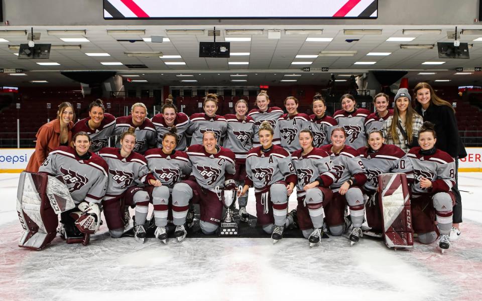 The University of Ottawa Gee-Gees women's hockey team poses with the Alerts Cup in January after defeating the Carleton Ravens 4-3. The interuniversity championship has been held intermittently since 2004.