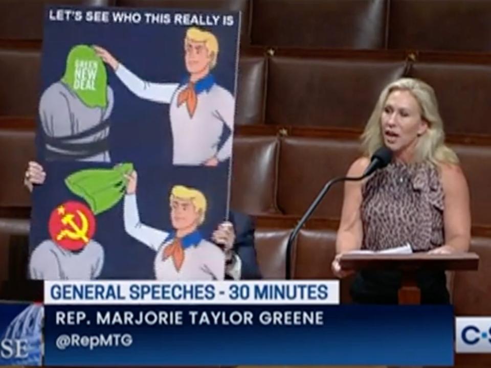 Marjorie Taylor Greene used a meme to claim that the Green New Deal is communism in disguise (C-SPAN)