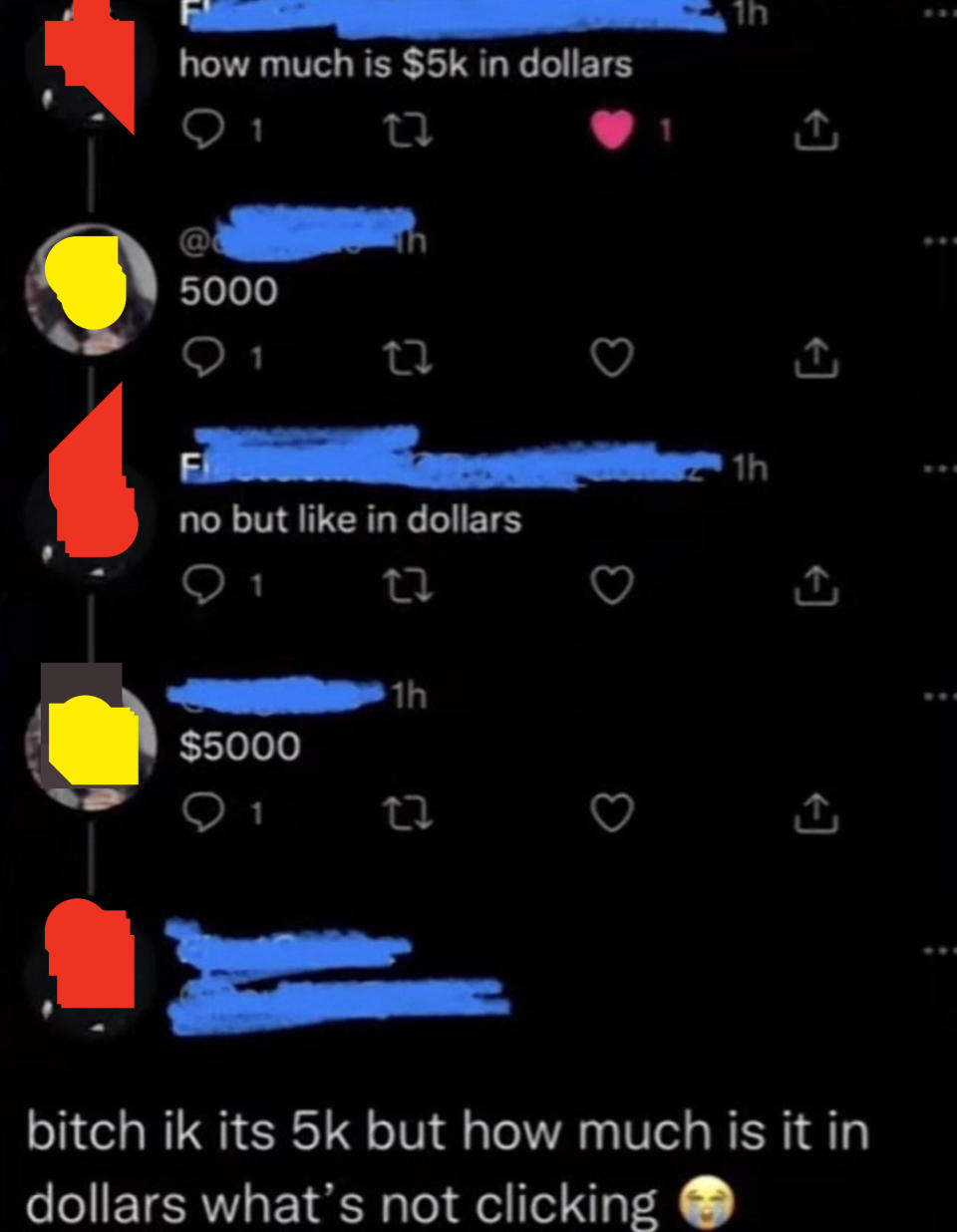 person who can't understand what 5k is in dollar amounts
