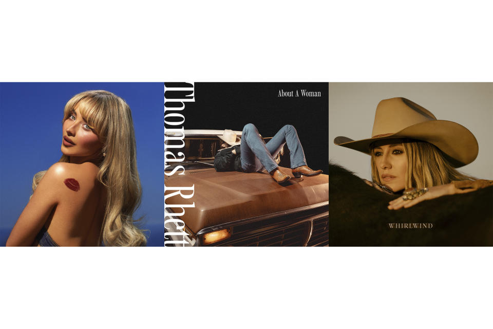 This combination of album covers shows “Short N’ Sweet” by Sabrina Carpenter, left, “About A Woman” by Thomas Rhett, center, and “Whirlwind” by Lainey Wilson. (Island Records/The Valory Music Co./BBR Music Group-BMG Nashville via AP)